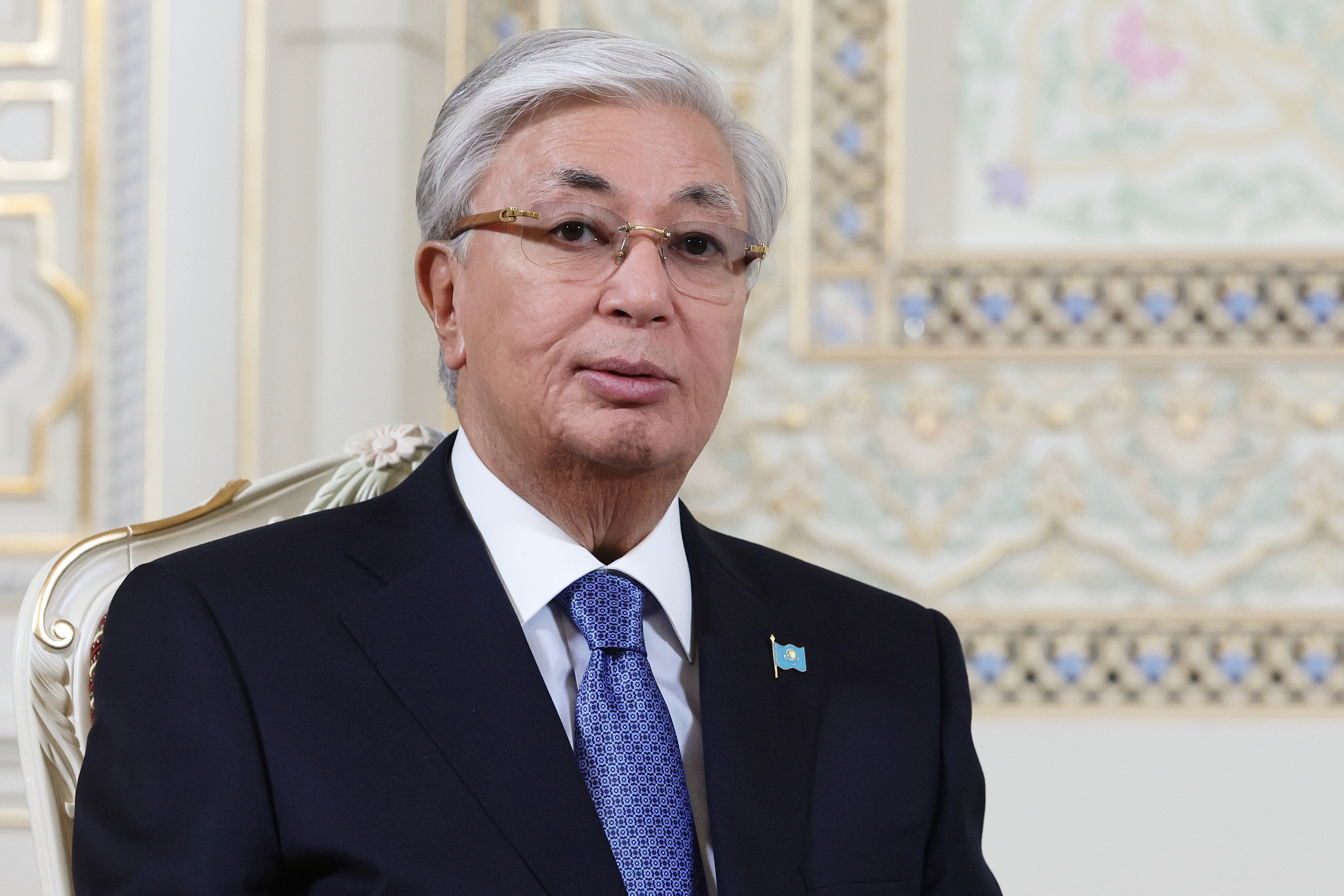 FILE - Kazakh President Kassym-Jomart Tokayev attends a meeting with Russian President Vladimir Putin on the sidelines of the summit of the Commonwealth of Independent States at the Palace of the Nation in Dushanbe, Tajikistan, Oct. 10, 2025.